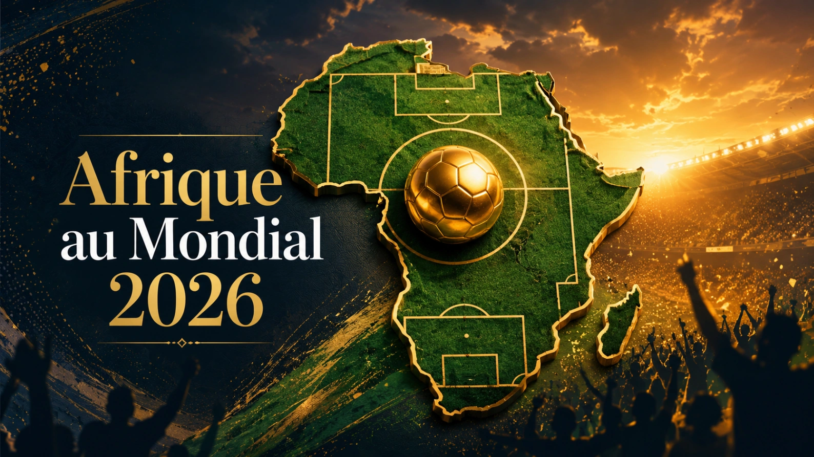Illustration des équipes africaines Coupe du Monde 2026 avec carte africaine abstraite, ballon doré et ambiance de stade premium.