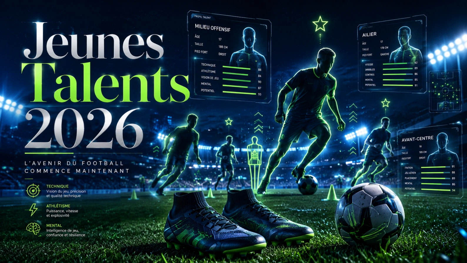 Illustration des jeunes talents Coupe du Monde 2026 avec silhouettes de joueurs, fiches de scouting et terrain futuriste.