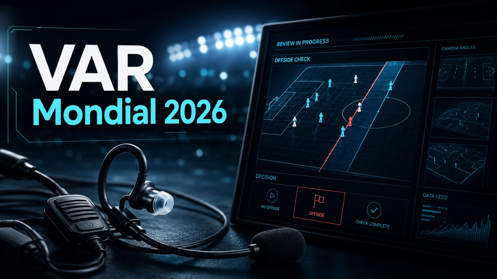 Illustration de la VAR Coupe du Monde 2026 avec écran d’arbitrage vidéo, lignes de hors-jeu et technologie de décision.