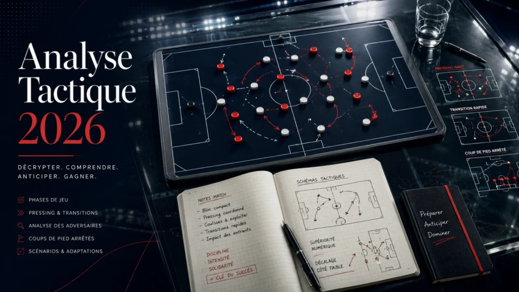Illustration d’analyse tactique Coupe du Monde 2026 avec tableau de coaching, flèches de pressing, transitions et plans de match.