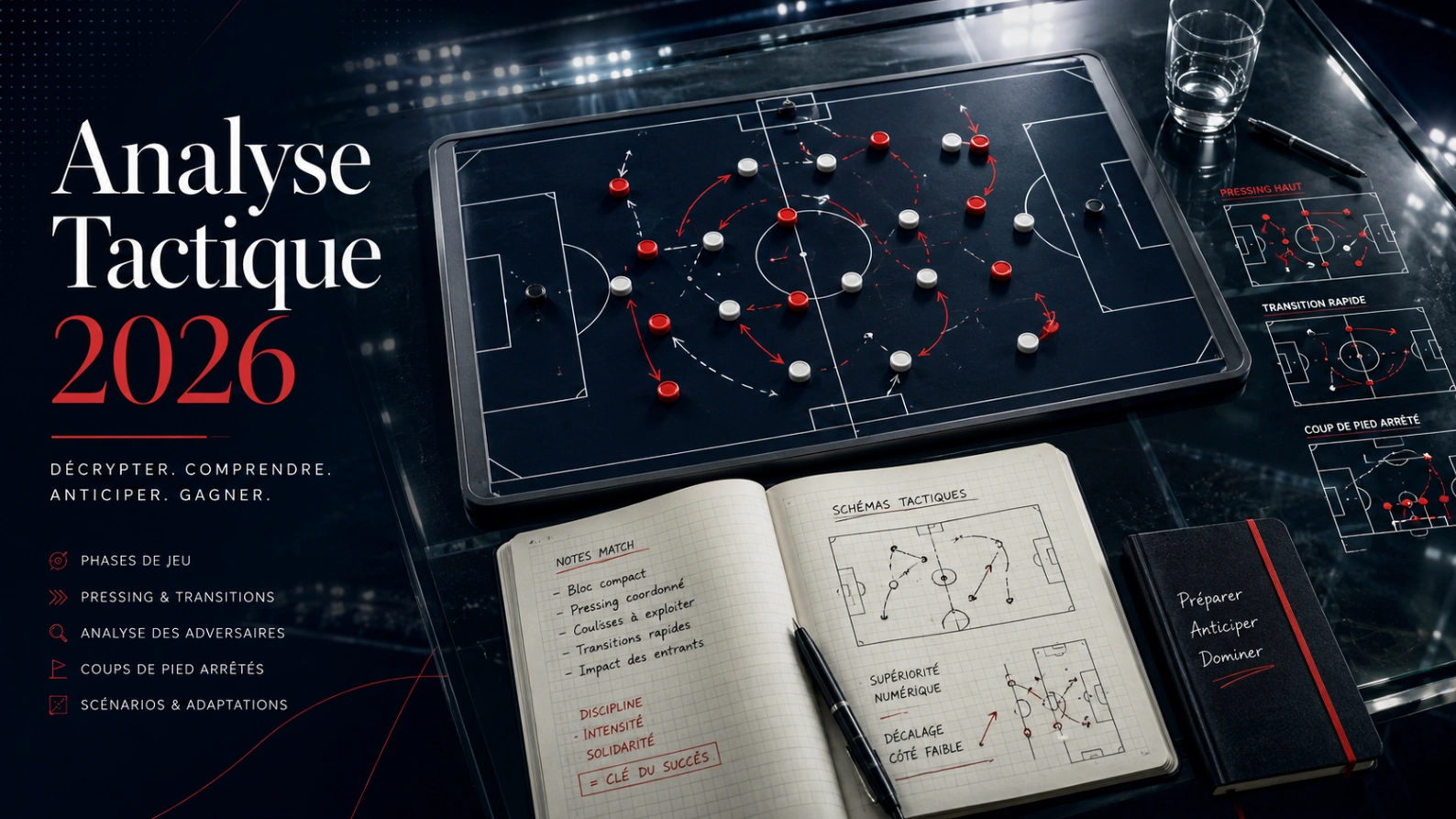 Illustration d’analyse tactique Coupe du Monde 2026 avec tableau de coaching, flèches de pressing, transitions et plans de match.