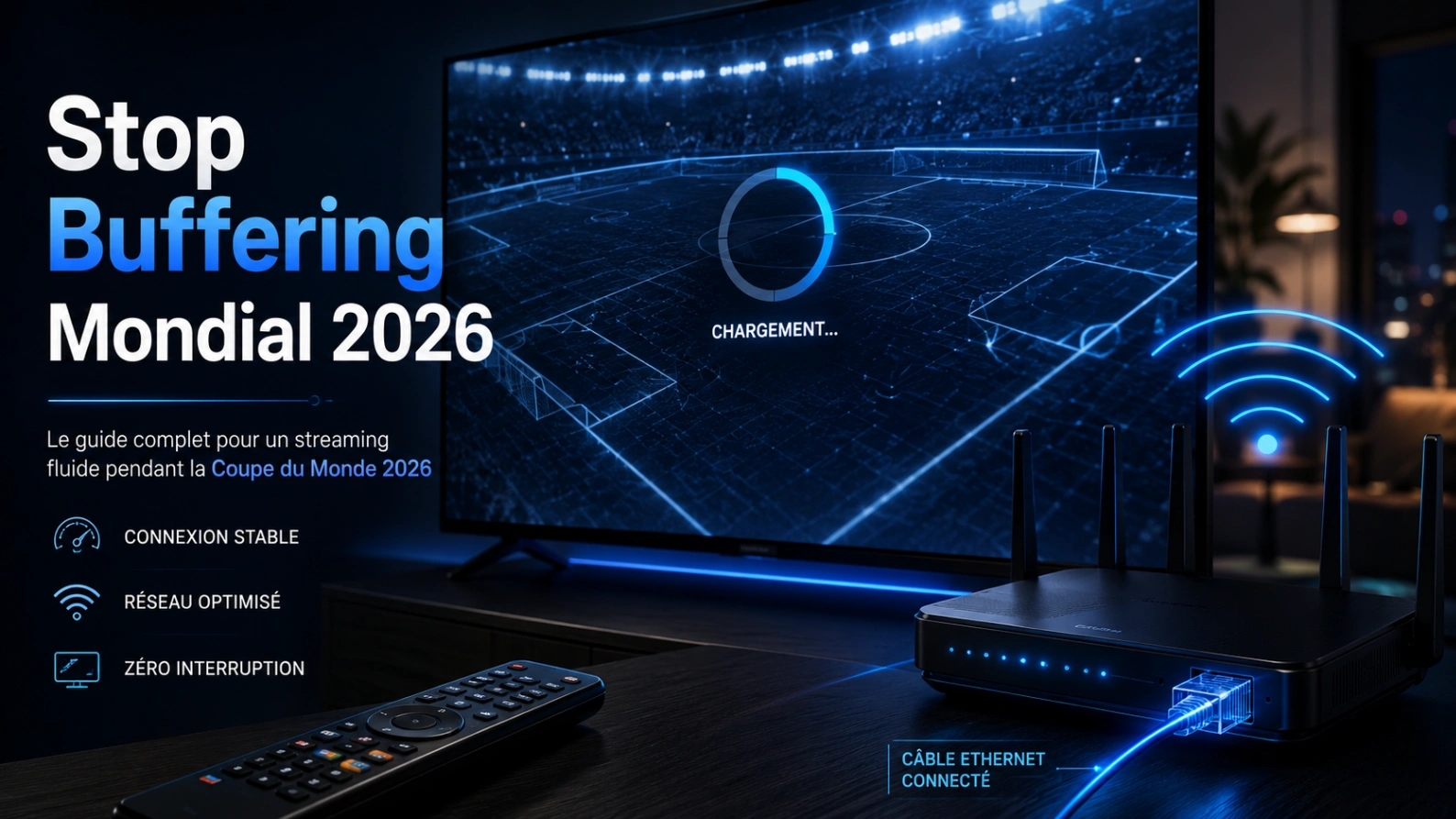 Illustration pour éviter buffering Coupe du Monde 2026 avec Smart TV, routeur Wi-Fi, câble Ethernet et écran de match bloqué.