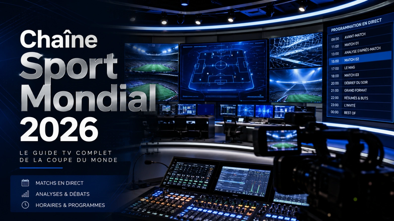 Illustration chaîne sport Coupe du Monde 2026 avec régie TV, écrans de matchs abstraits, caméra et calendrier de diffusion.