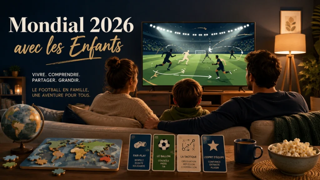 Illustration enfants Coupe du Monde 2026 avec famille devant la télévision, cartes éducatives football et ambiance conviviale.