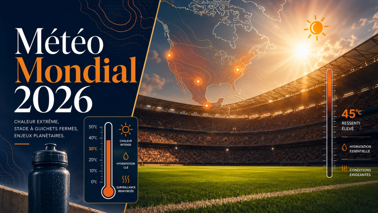 Illustration météo Coupe du Monde 2026 avec stade en été, carte météo abstraite, thermomètre et conseils chaleur.