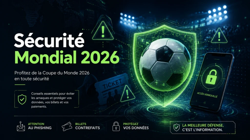 Illustration cybersécurité Coupe du Monde 2026 avec ballon protégé, bouclier numérique, faux billets et alertes phishing.