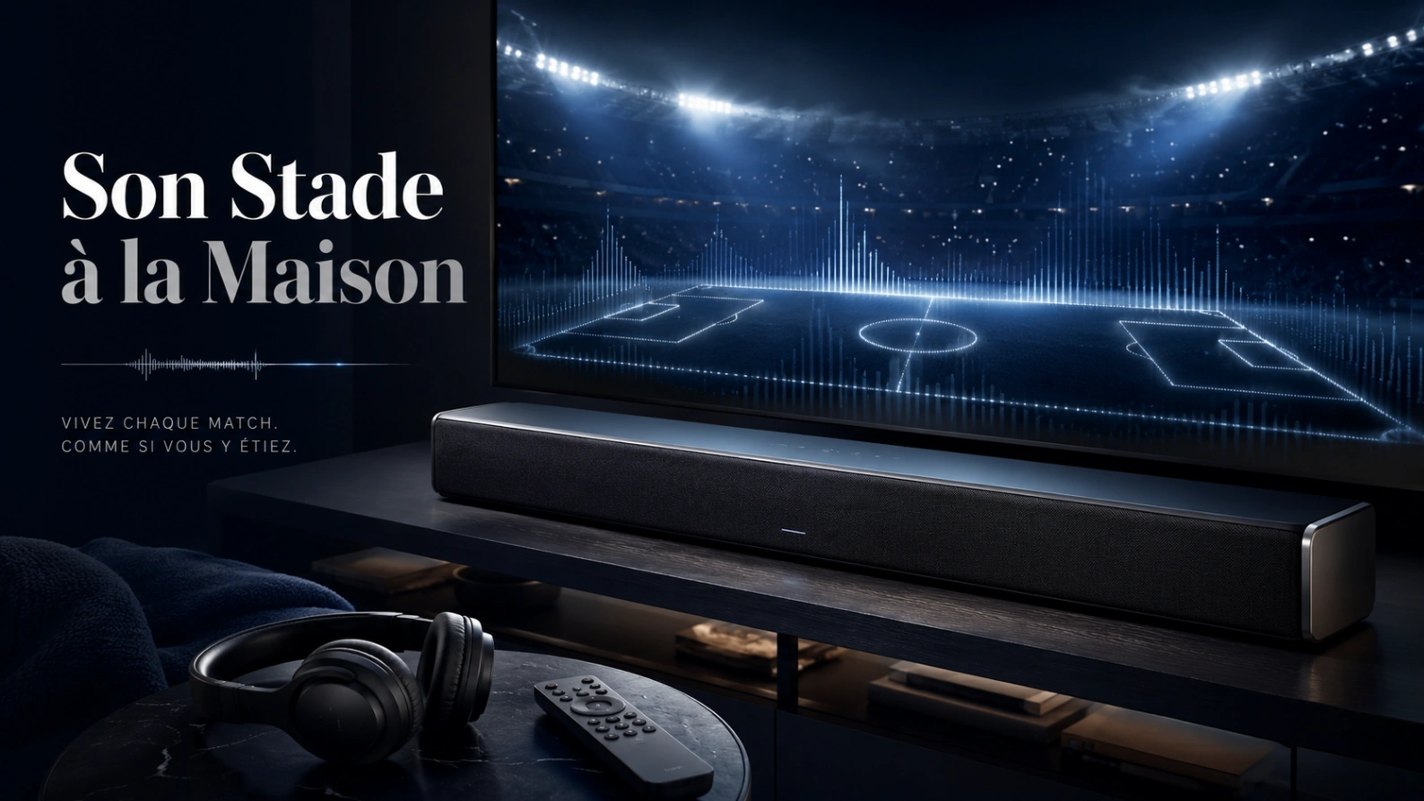 Illustration son Coupe du Monde 2026 avec barre de son, casque, télévision et ondes audio inspirées d’un stade.