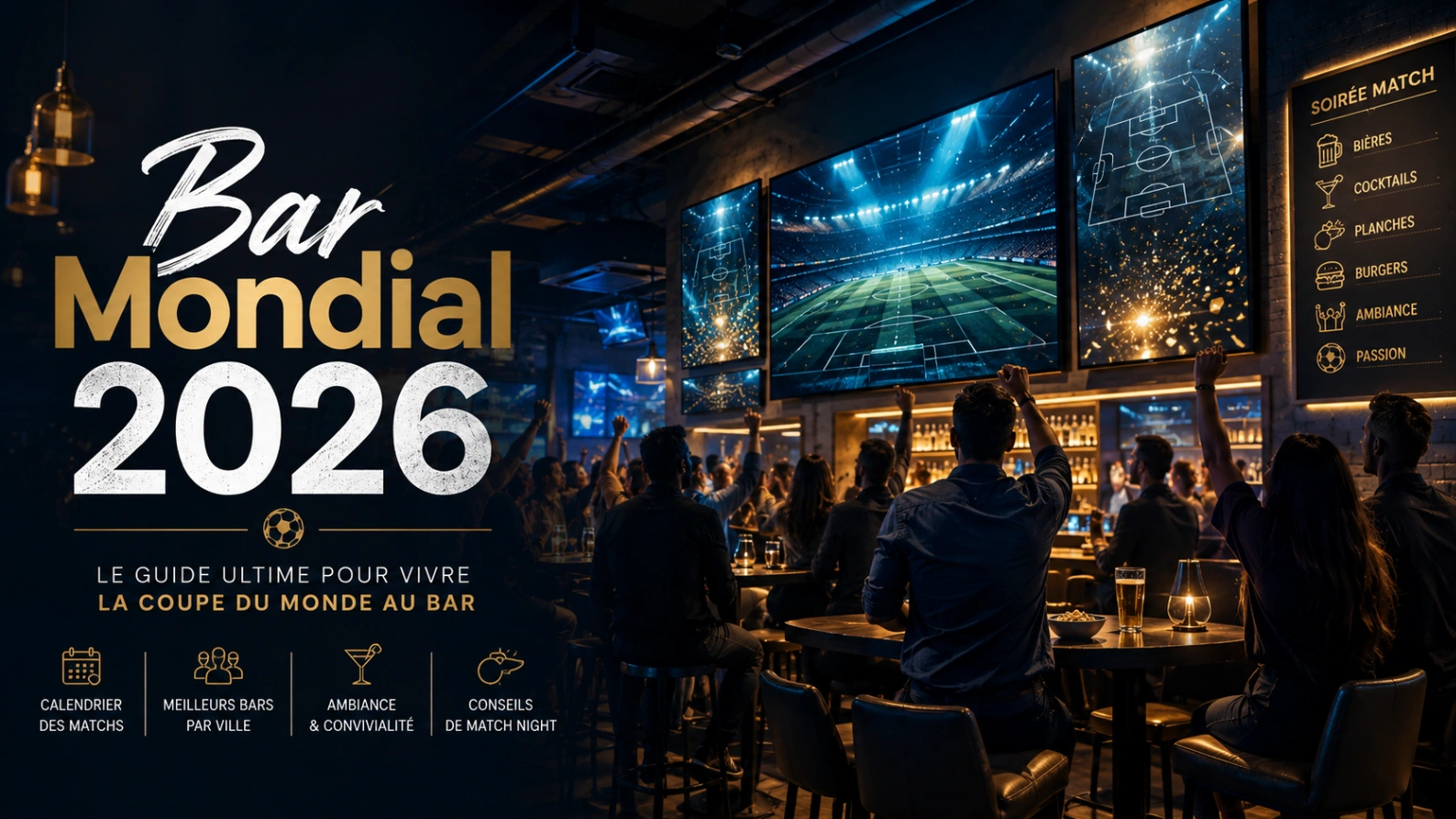 Illustration bar Coupe du Monde 2026 avec écrans de football, ambiance sportive, foule abstraite et lumières premium.