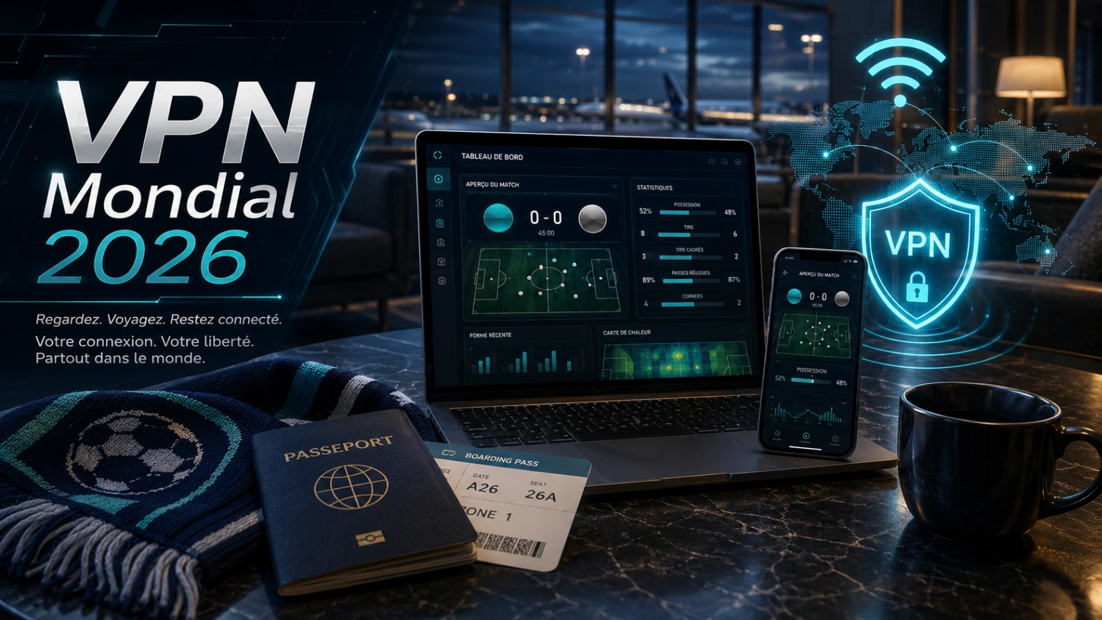 Illustration VPN Coupe du Monde 2026 avec ordinateur, smartphone, bouclier numérique, Wi-Fi sécurisé et ambiance voyage football.