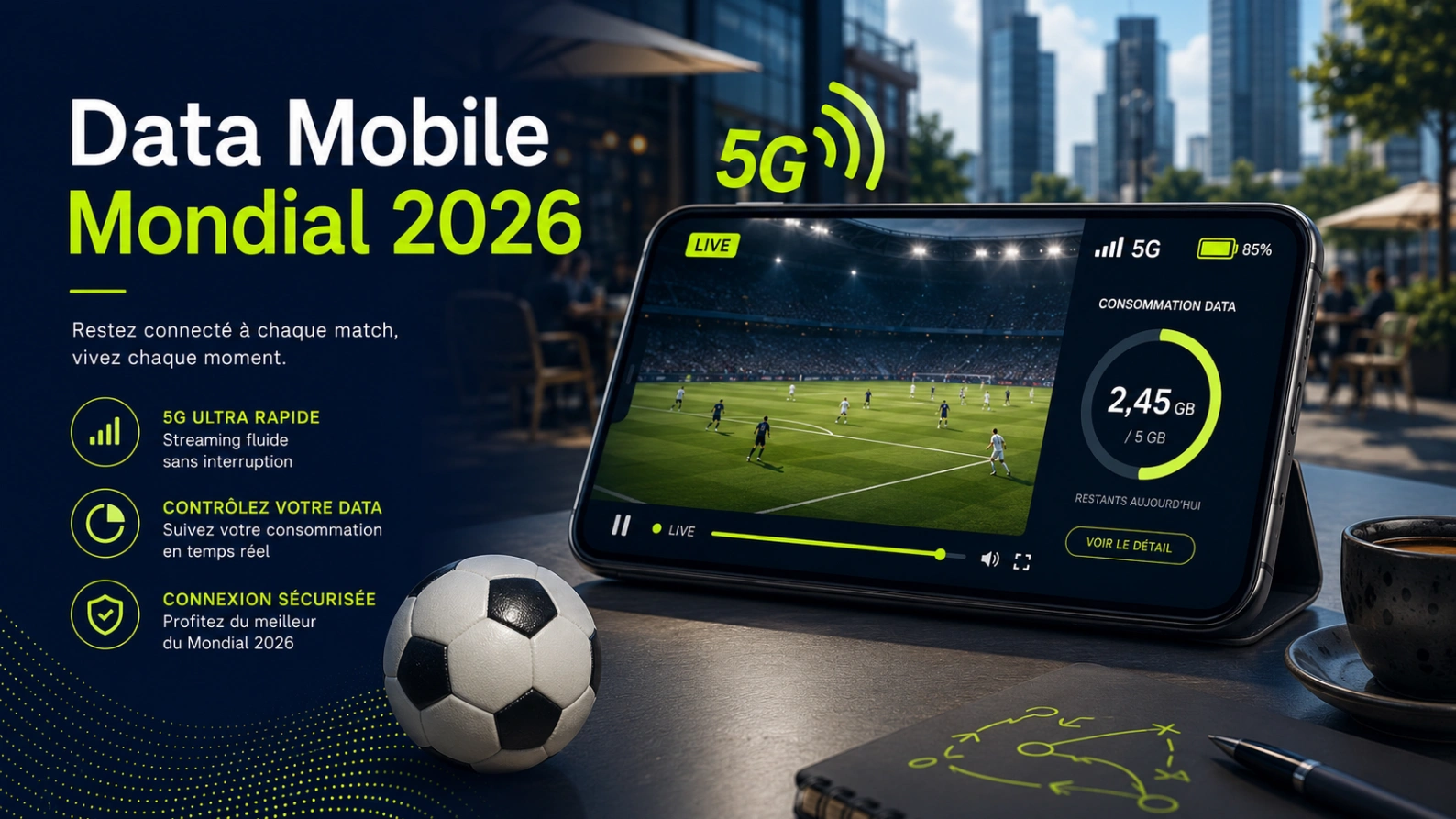 Illustration données mobiles Coupe du Monde 2026 avec smartphone, compteur de data, signal 5G et streaming football.