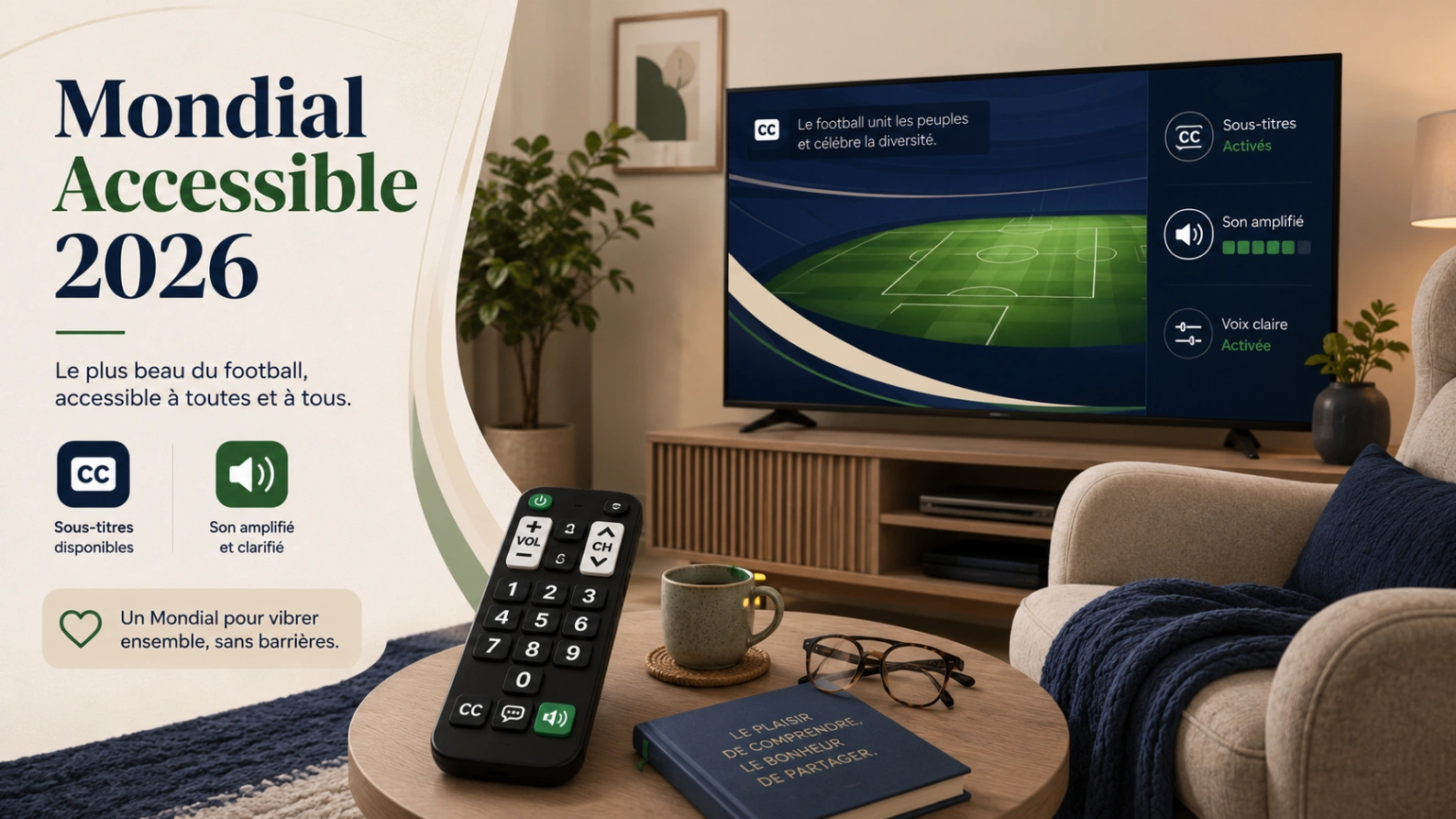 Illustration accessibilité Coupe du Monde 2026 avec télévision lisible, sous-titres, télécommande, fauteuil confortable et icônes de son clair.