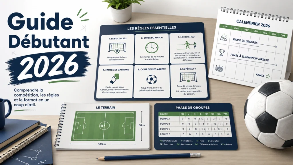 Illustration guide débutant Coupe du Monde 2026 avec cartes explicatives, calendrier, tableau de groupes et ballon de football.