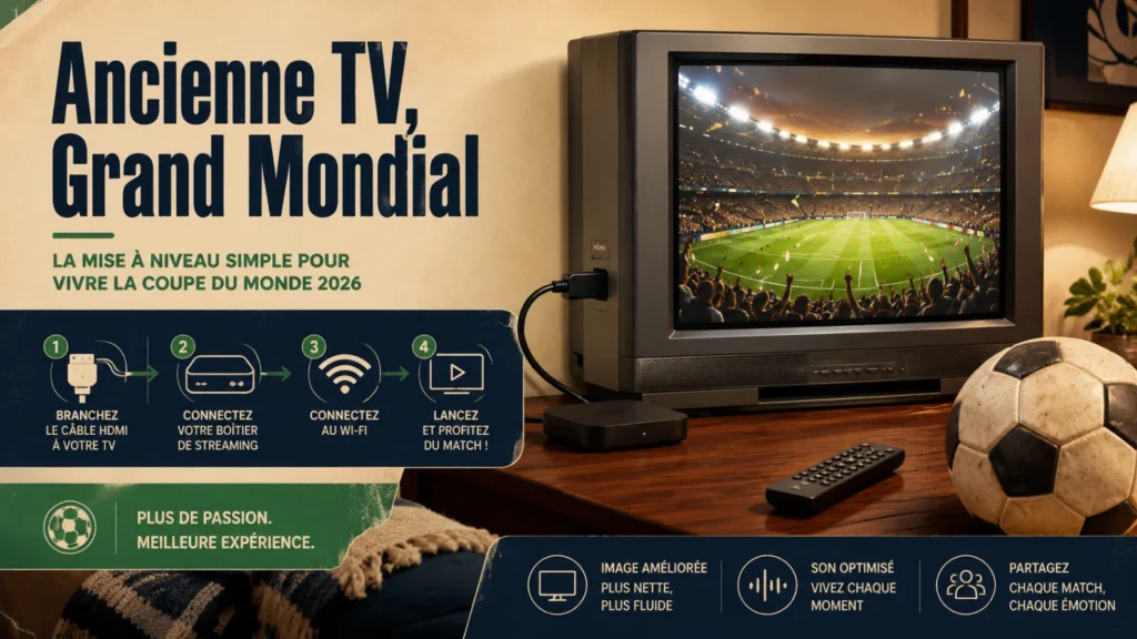 Illustration ancienne TV Coupe du Monde 2026 avec écran plat, câble HDMI, box TV, télécommande et ballon de football.