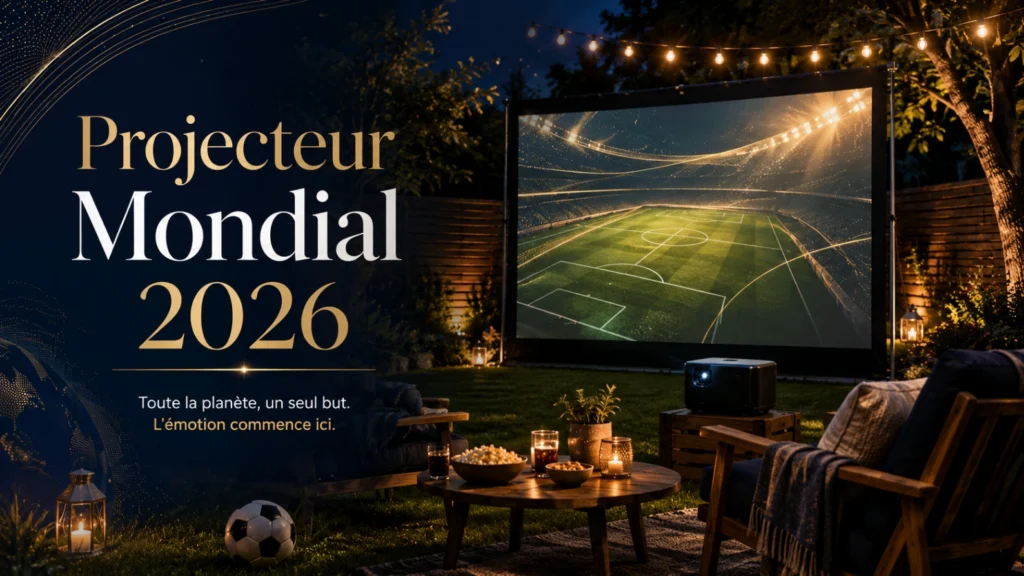 Illustration projecteur Coupe du Monde 2026 avec écran extérieur, projecteur, chaises, guirlandes lumineuses et ambiance match.
