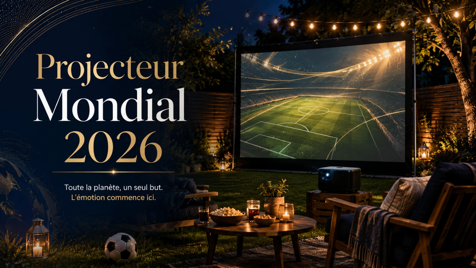Illustration projecteur Coupe du Monde 2026 avec écran extérieur, projecteur, chaises, guirlandes lumineuses et ambiance match.