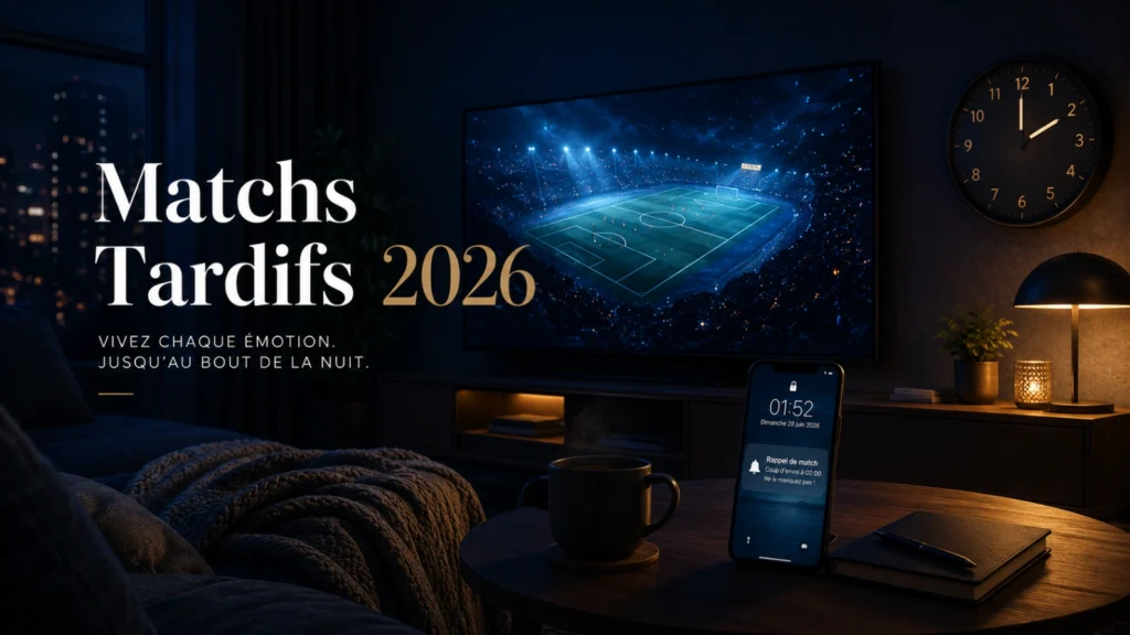 Illustration matchs tardifs Coupe du Monde 2026 avec salon de nuit, horloge, télévision, café et rappel de match.