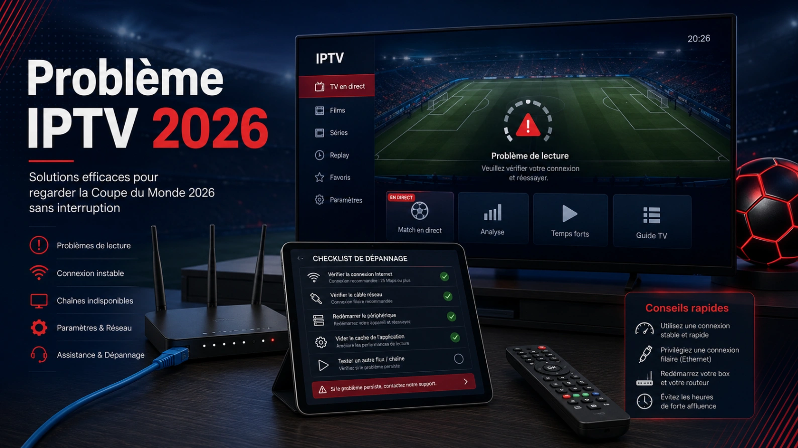 Illustration problème IPTV Coupe du Monde 2026 avec Smart TV, icônes d’erreur, routeur, câble Ethernet et checklist technique.