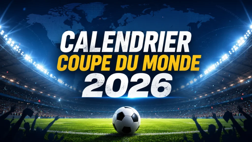 Calendrier de la Coupe du Monde 2026 avec stade moderne et ballon de football.