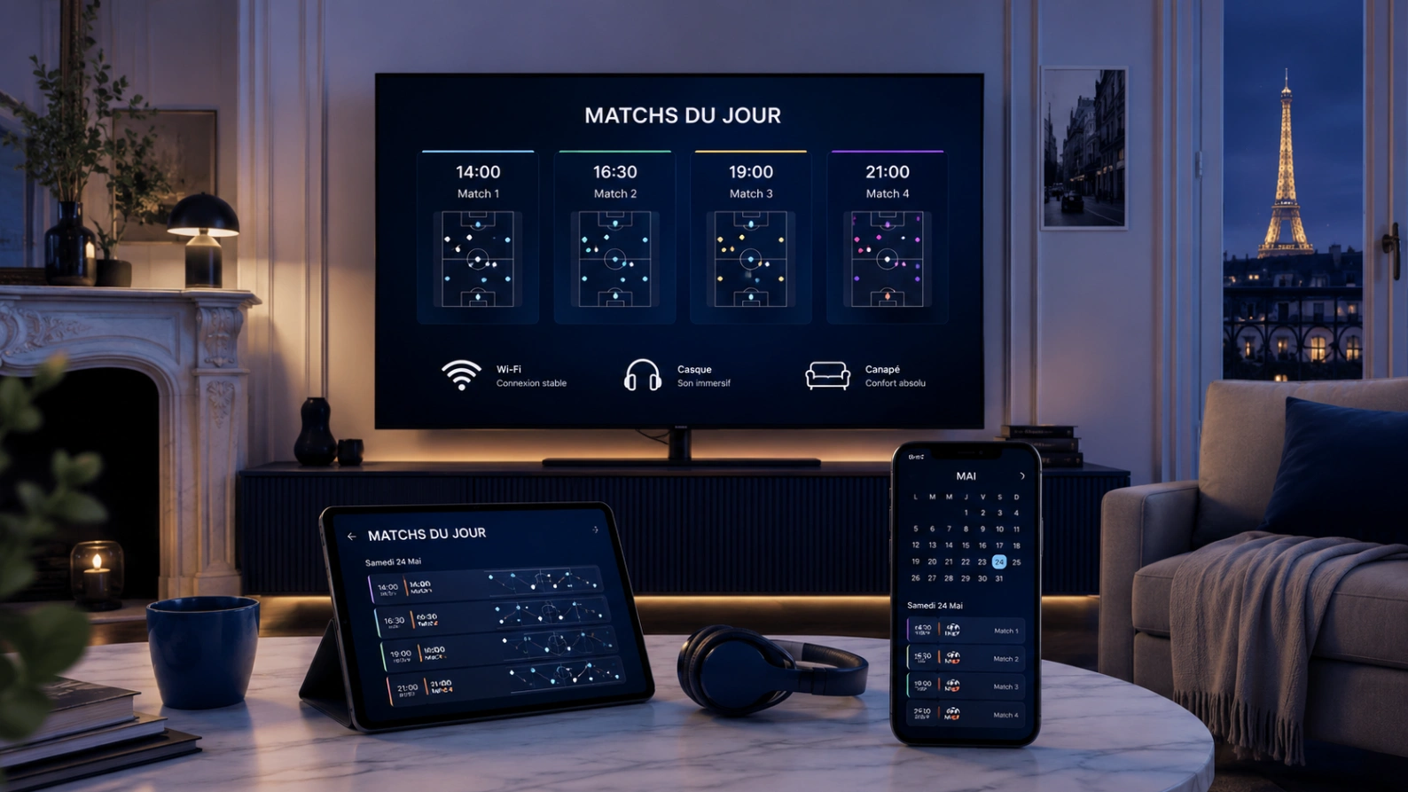 Organisation TV mobile tablette pour regarder plusieurs matchs de Coupe du Monde 2026 le même jour
