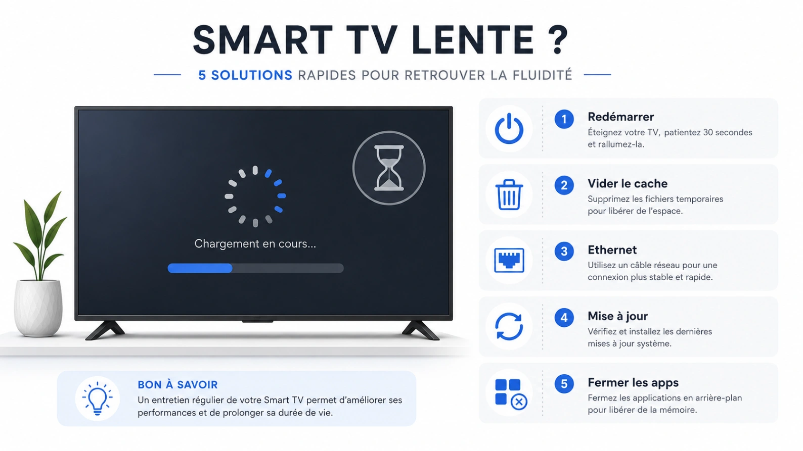Smart TV lente avant un match de Coupe du Monde 2026 avec solutions de dépannage