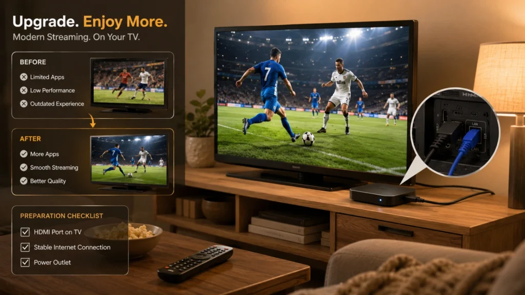 Préparer une vieille Smart TV pour regarder la Coupe du Monde 2026 avec box HDMI et checklist