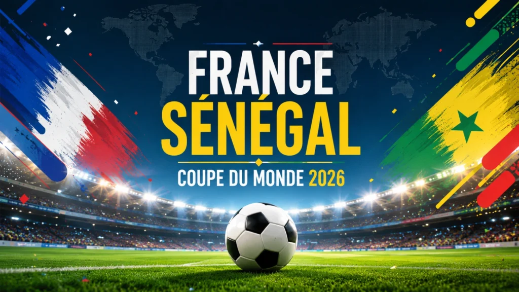 France Sénégal Coupe du Monde 2026 dans un stade moderne avec ballon de football
