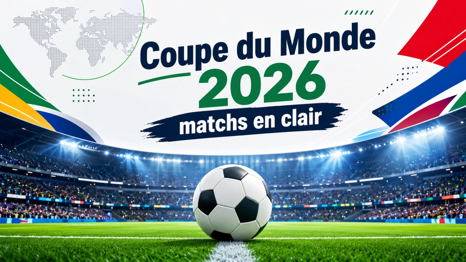 Matchs en clair Coupe du Monde 2026 avec écran TV et stade de football moderne