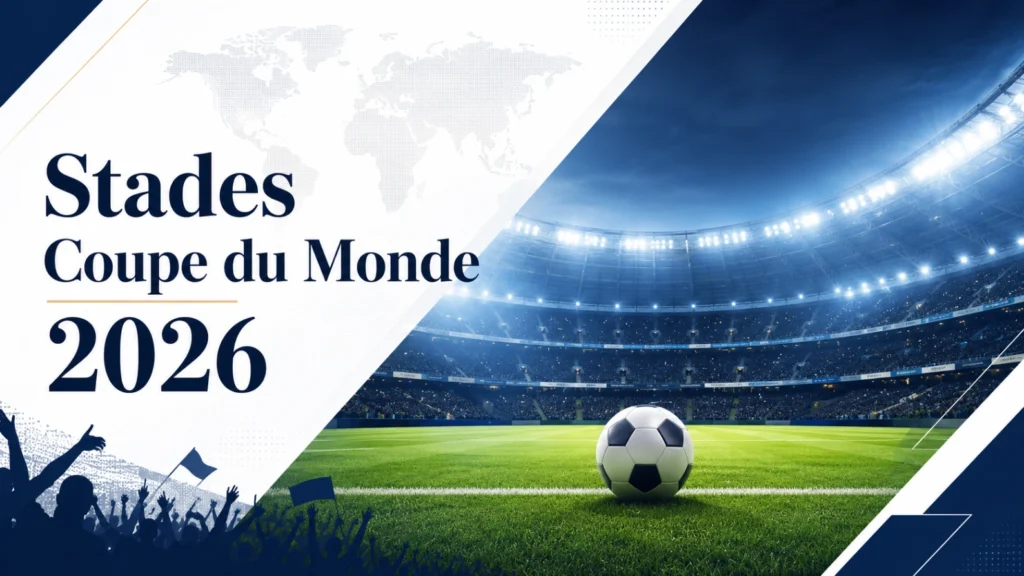 Illustration éditoriale des stades Coupe du Monde 2026 avec un stade moderne, un ballon au centre et une carte du monde en arrière-plan.