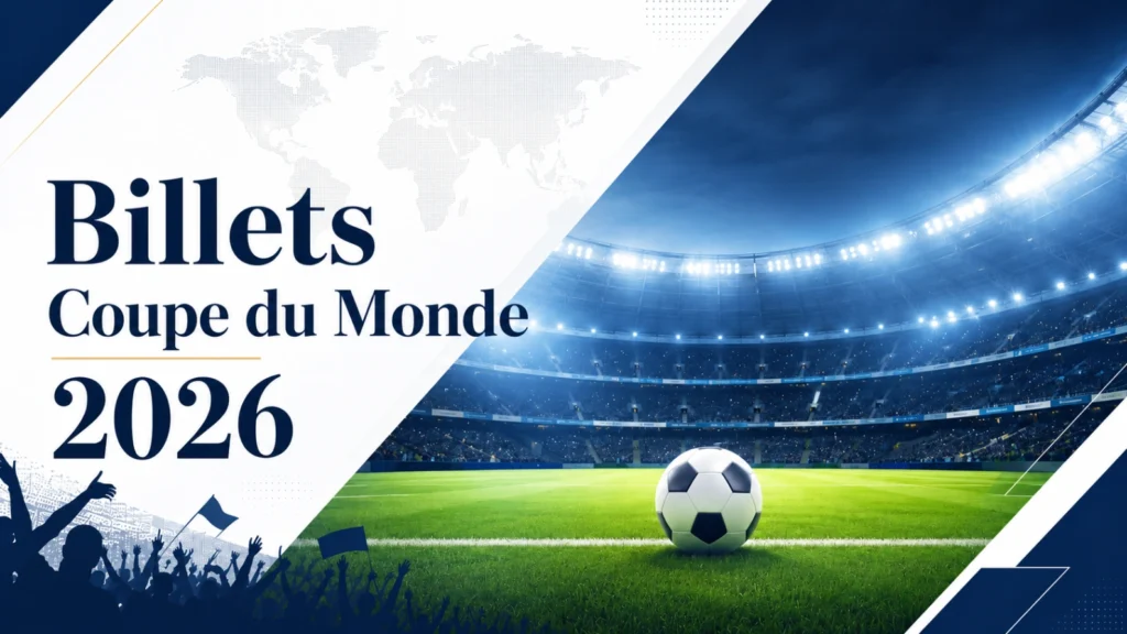 Image éditoriale sur les billets Coupe du Monde 2026 avec stade moderne, ballon de football et ambiance de grand événement sportif.