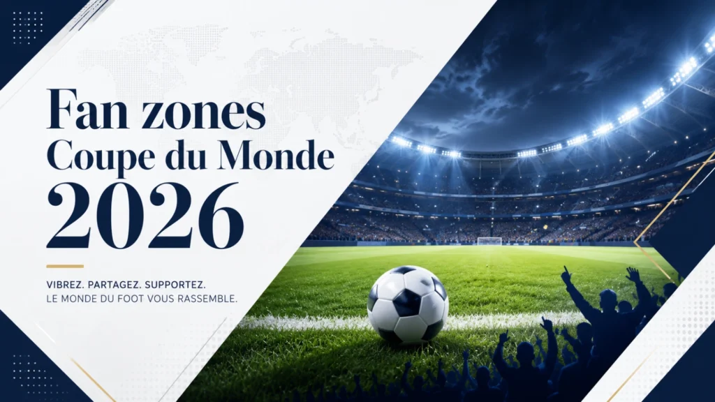 Image éditoriale représentant les fan zones Coupe du Monde 2026 avec stade lumineux, foule abstraite et ballon de football au centre.