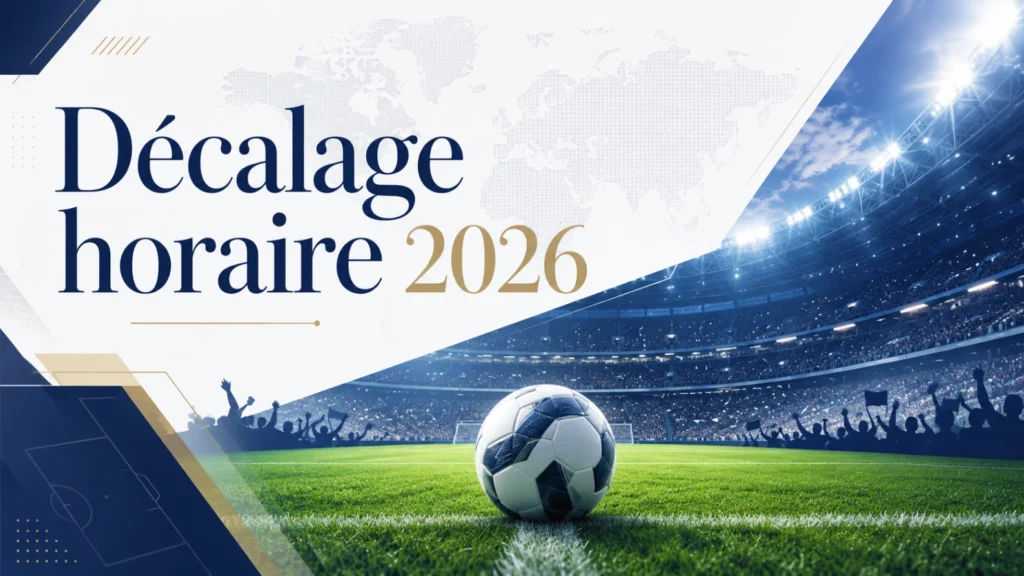 Image éditoriale sur le décalage horaire Coupe du Monde 2026 avec stade moderne, ballon de football et carte du monde abstraite.