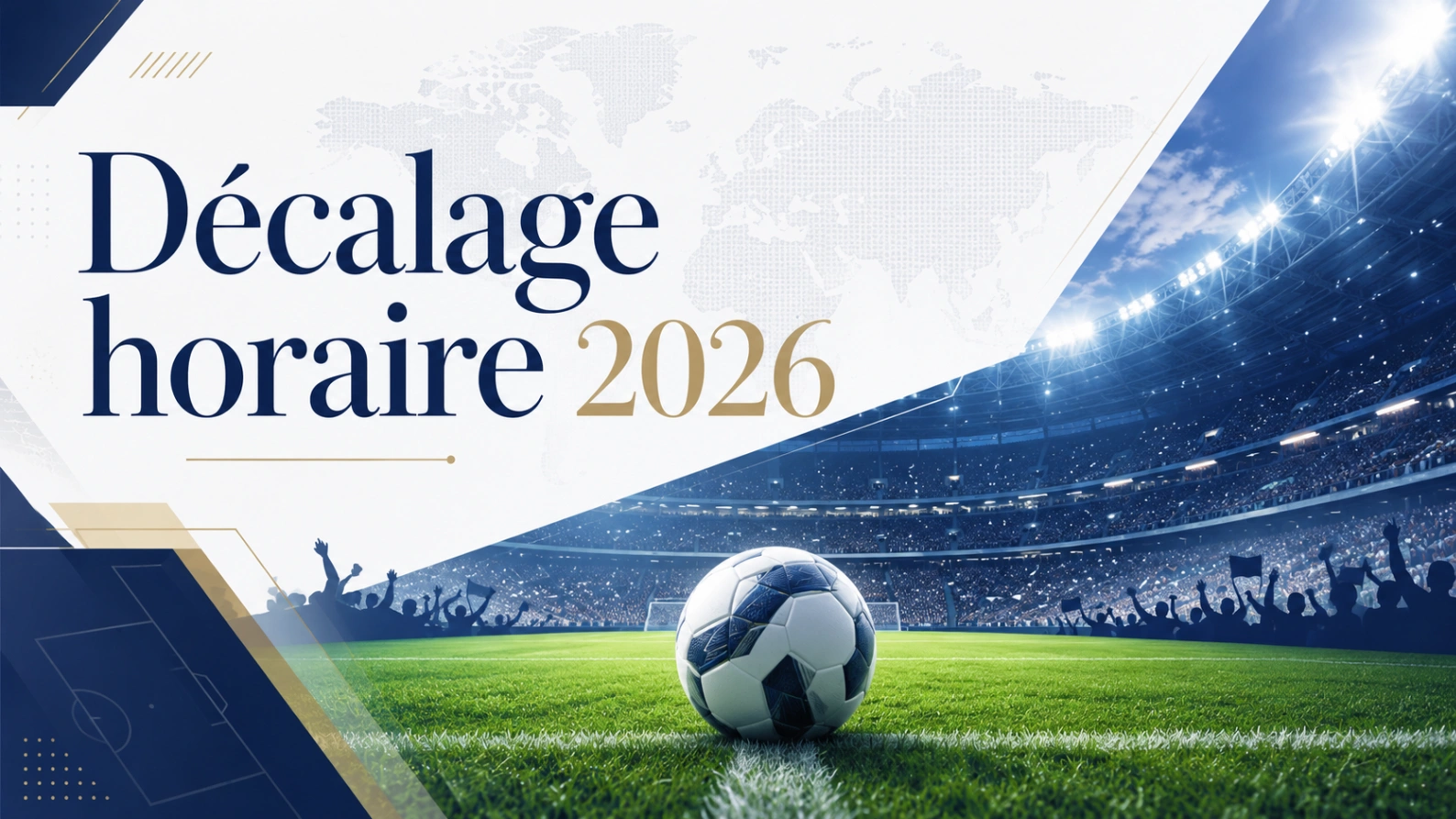 Image éditoriale sur le décalage horaire Coupe du Monde 2026 avec stade moderne, ballon de football et carte du monde abstraite.
