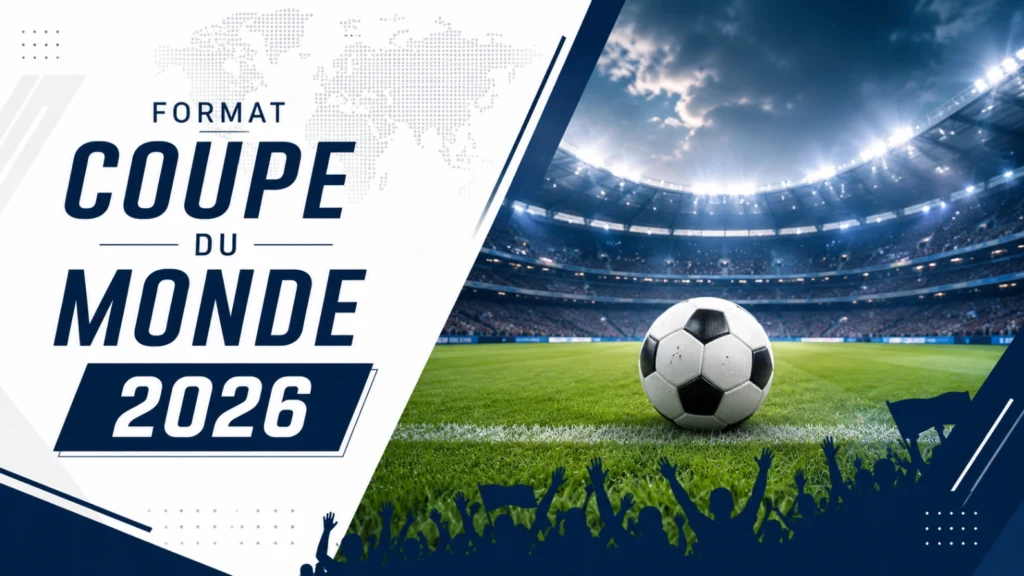 Illustration éditoriale du format Coupe du Monde 2026 avec stade moderne, ballon de football et carte du monde abstraite.