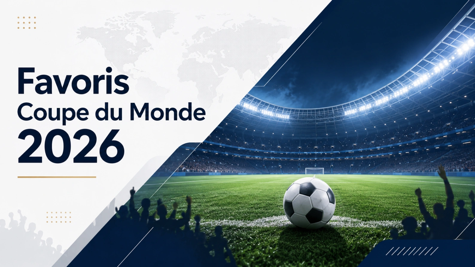 Illustration éditoriale des favoris Coupe du Monde 2026 avec stade moderne, ballon centré et silhouettes de supporters.