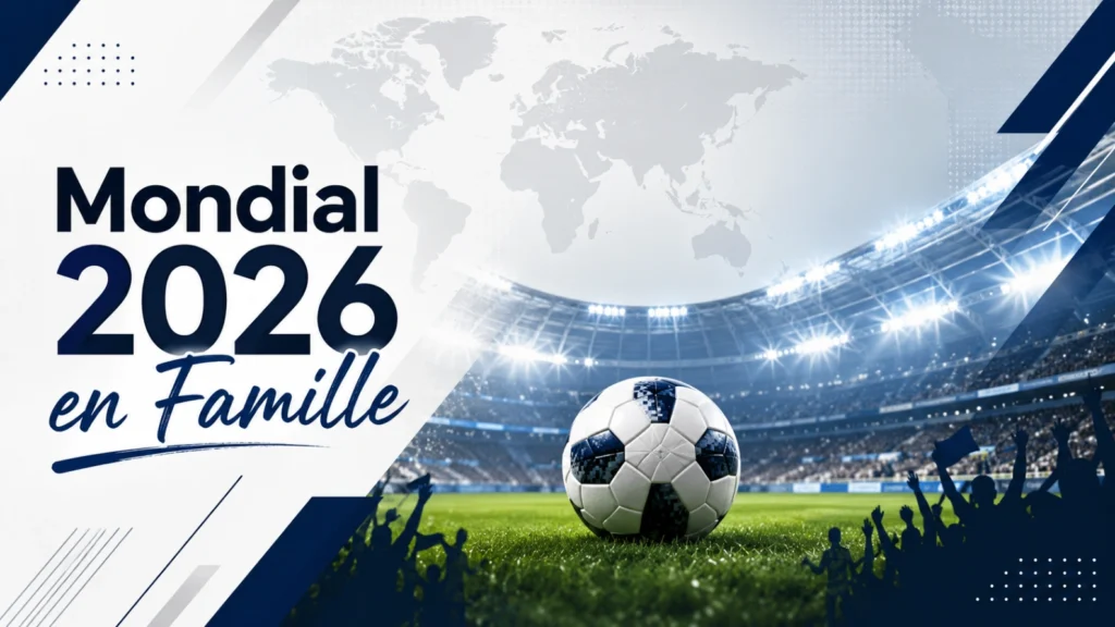 Image éditoriale pour regarder Coupe du Monde 2026 en famille avec stade lumineux, ballon au centre et ambiance sportive premium.