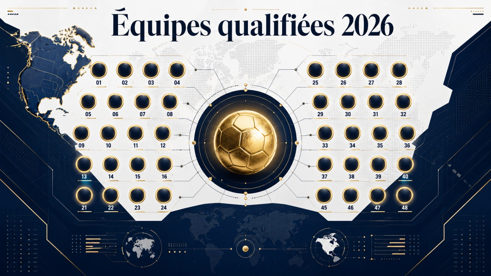 Illustration éditoriale des équipes qualifiées Coupe du Monde 2026 avec carte mondiale abstraite, ballon central et 48 emplacements d’équipes.