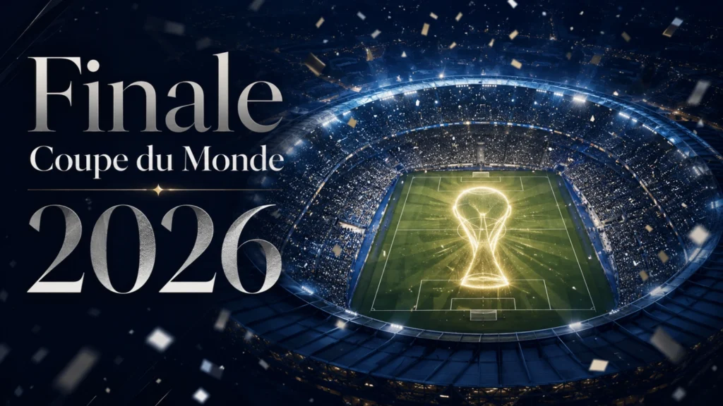 Image éditoriale de la finale Coupe du Monde 2026 avec stade nocturne, lumière en forme de trophée et ambiance de grand match.