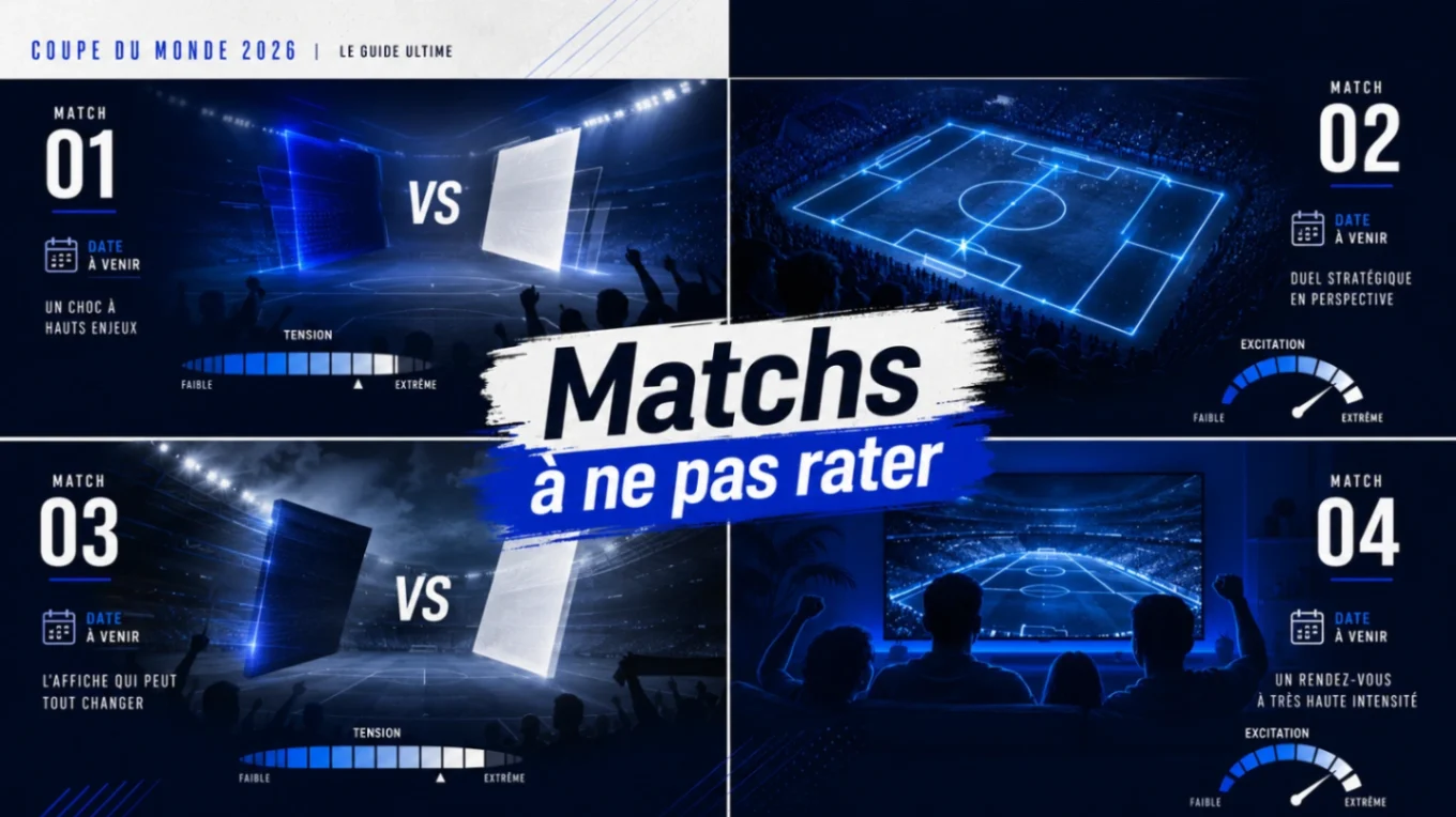 Illustration éditoriale des meilleurs matchs Coupe du Monde 2026 avec cartes de matchs abstraites, calendrier et supporters devant des écrans.