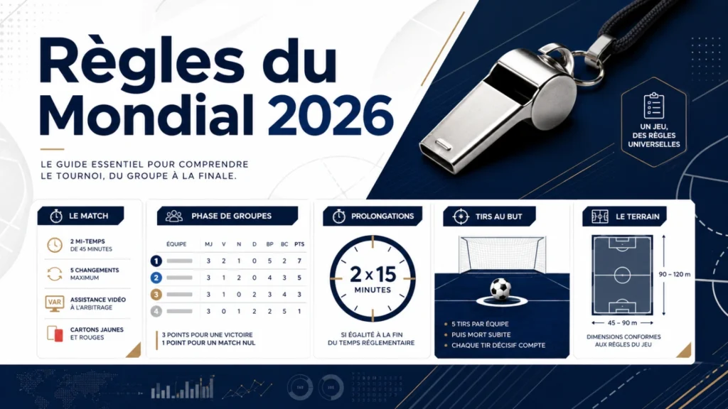 Infographie éditoriale des règles Coupe du Monde 2026 avec sifflet, tableau tactique, classement de groupe et icônes de prolongation.