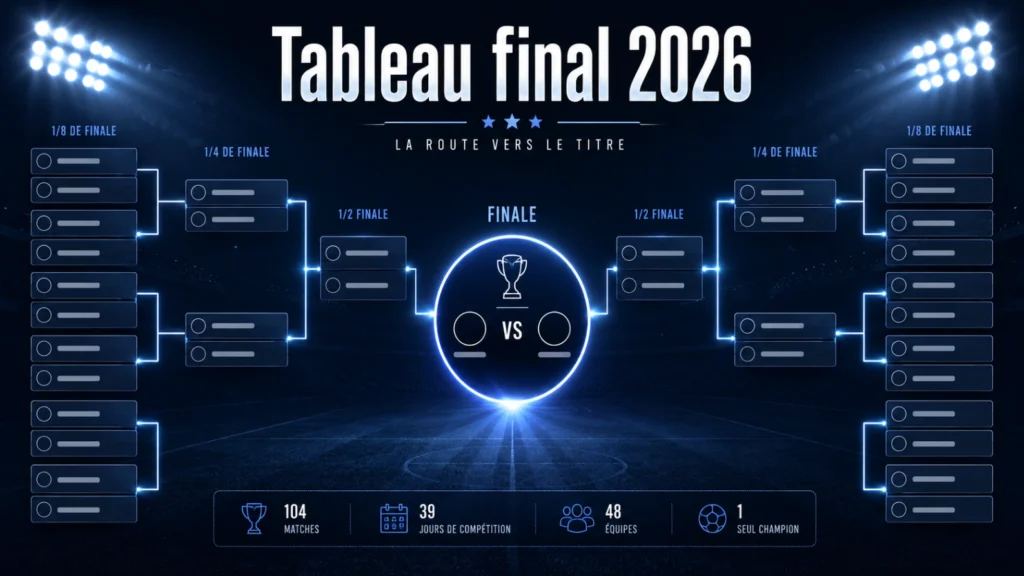 Illustration du tableau Coupe du Monde 2026 avec arbre de phase finale, lignes lumineuses et stade abstrait.