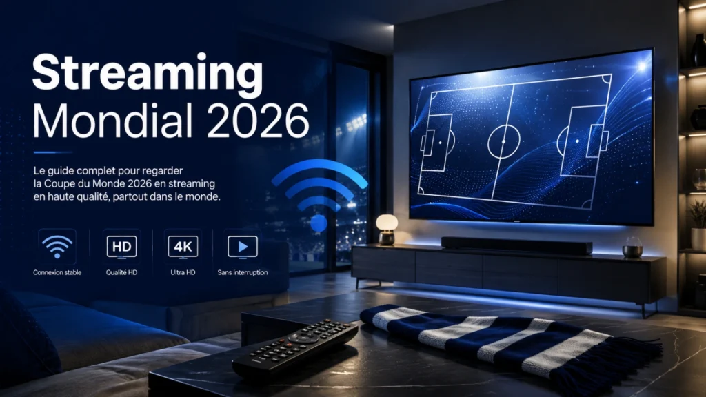 Illustration du streaming Coupe du Monde 2026 avec Smart TV, signal Wi-Fi, salon moderne et ambiance football.