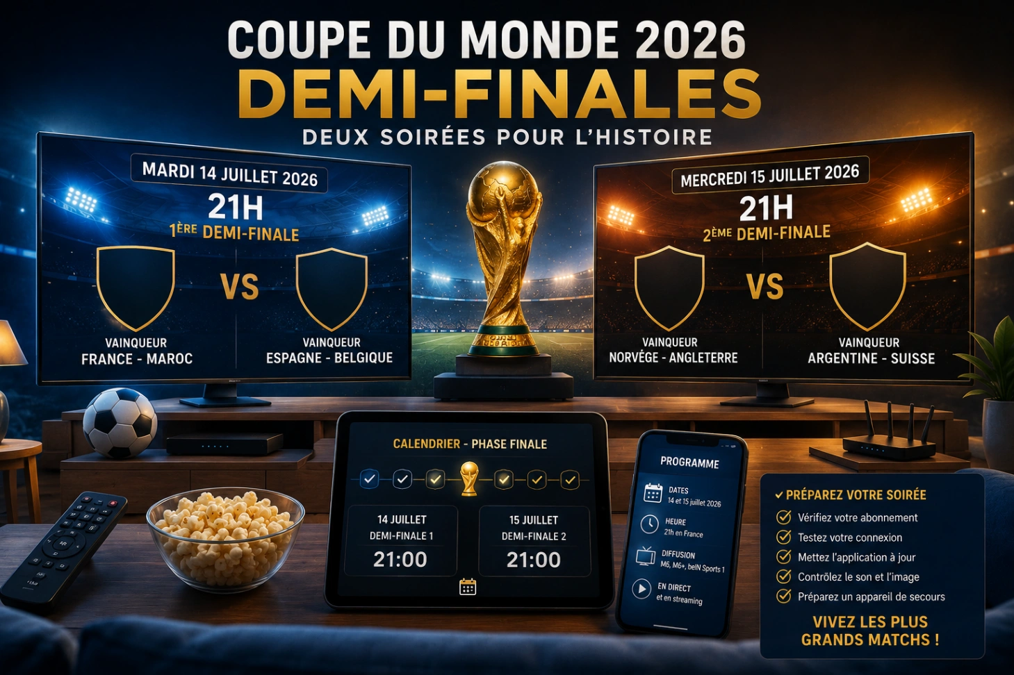 Demi-finales Coupe du Monde 2026 avec dates horaires et chaînes TV